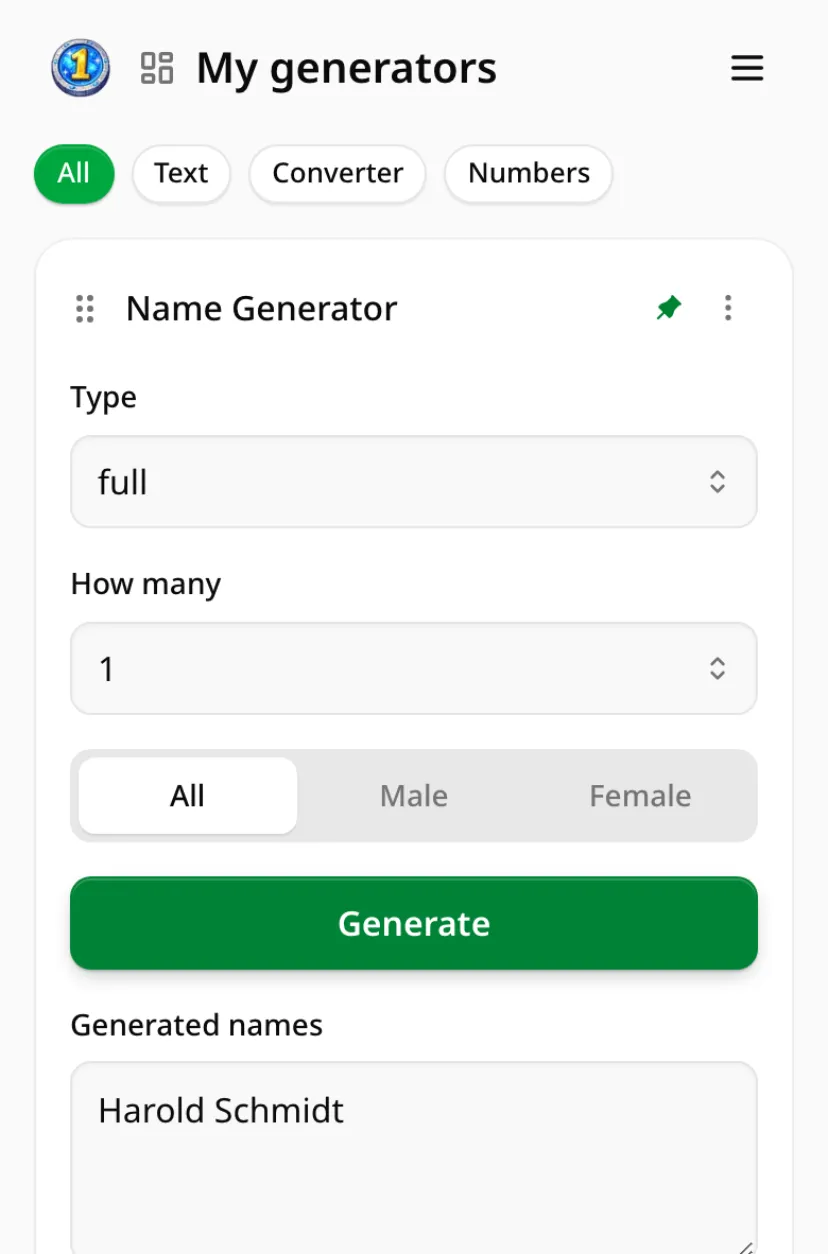 The One Generator name generator with a generated result, on a phone
